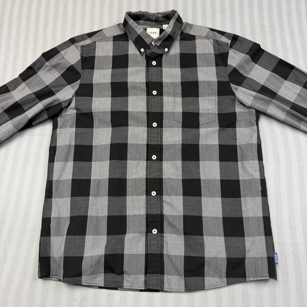 ROWM Shirt Mens Sz L Black Gray Print Button Down‎ Long Sleeve